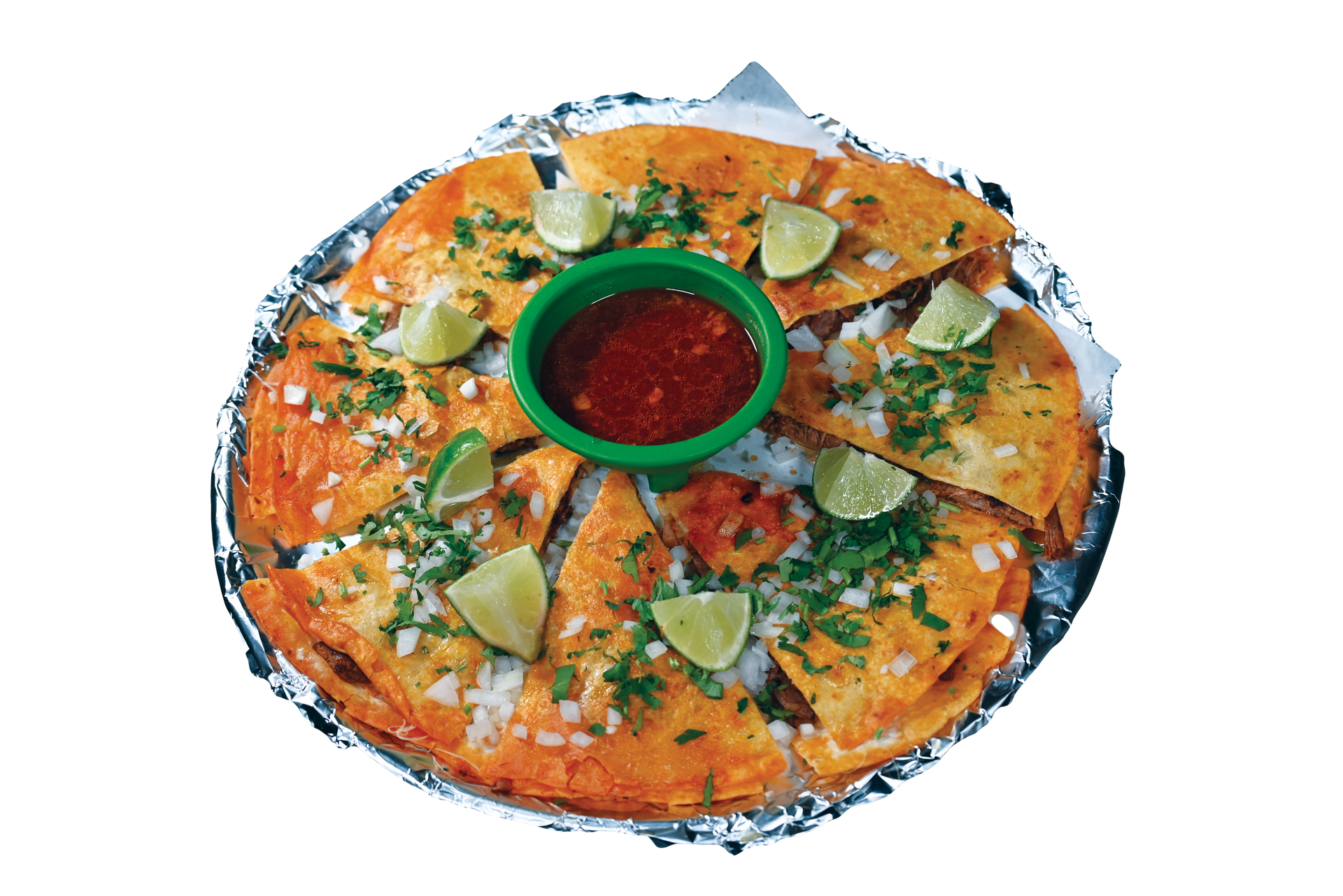 Pizzabirria, served with salsa and lime wedges.