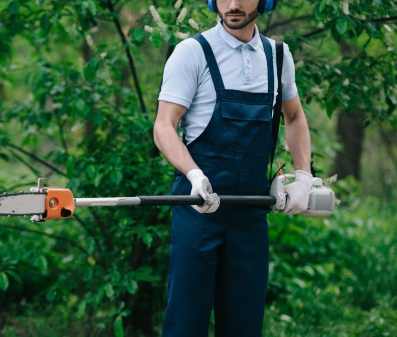 A Man in Blue Overalls Is Holding a Chainsaw on A Pole — CBS Chainsaw & Brushcutter Specialists - HUSQVARNA in Laurieton, NSW