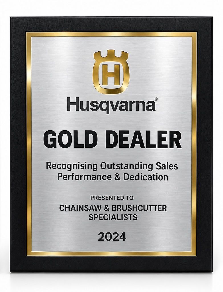 Husqvarna Gold Dealer award plaque with silver center and black frame, 2024 — CBS Chainsaw & Brushcutter Specialists - HUSQVARNA in Wauchope, NSW