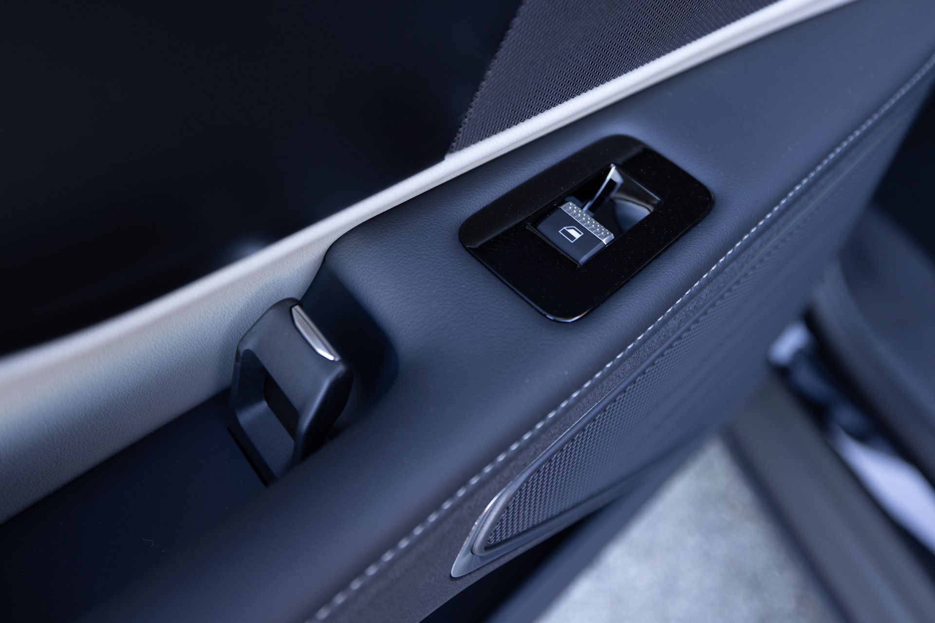 A close up of a car door handle with a button on it.