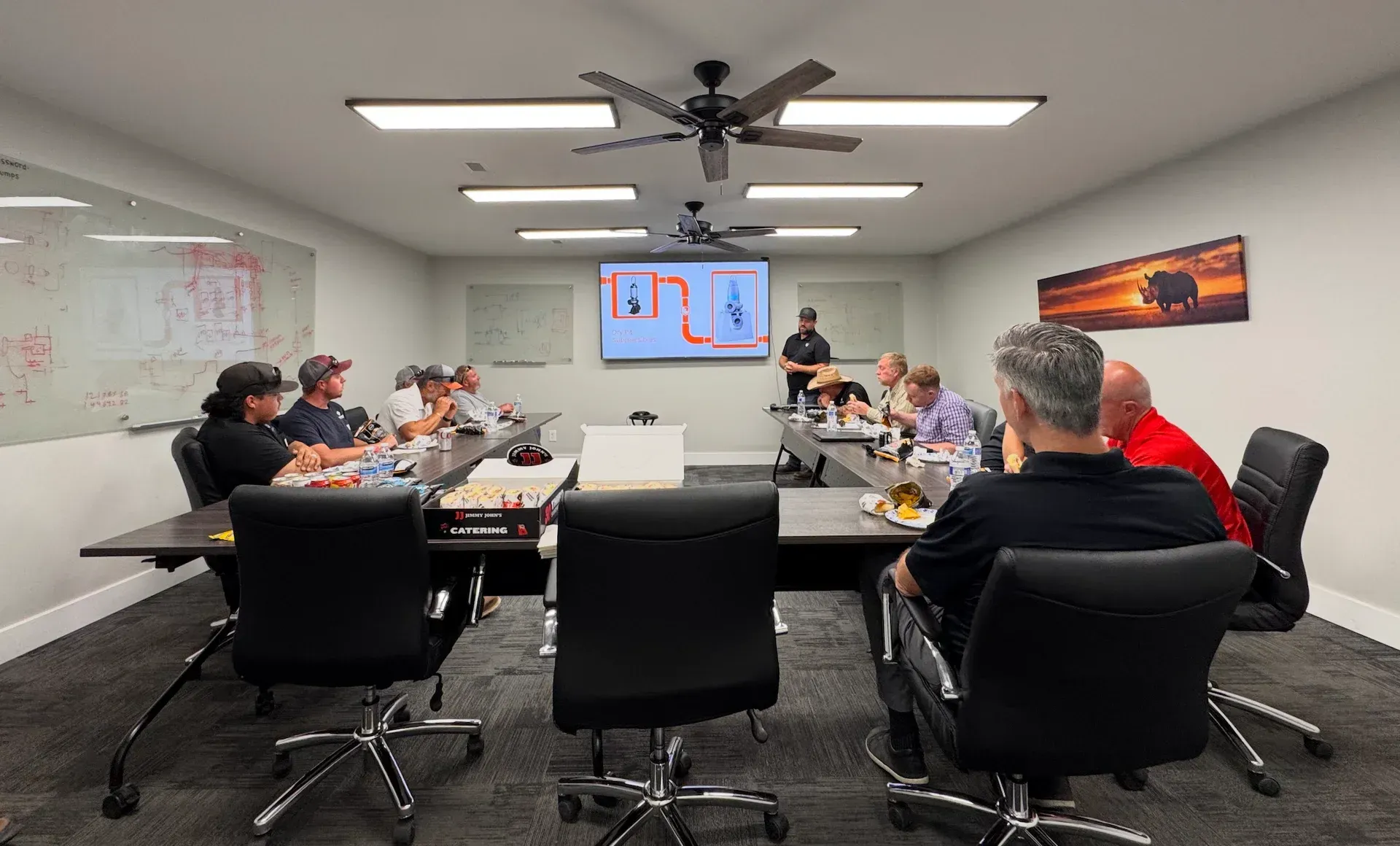 Rhino Pumps team meeting with a customer group in a conference room