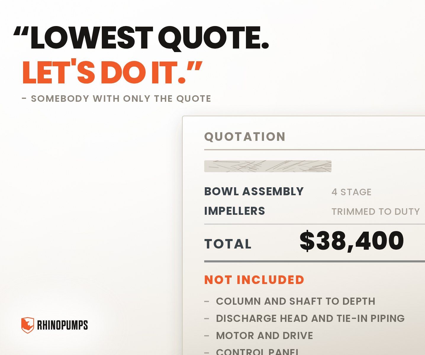 A pump quotation with a short priced scope and an exclusions list running off the bottom of the page