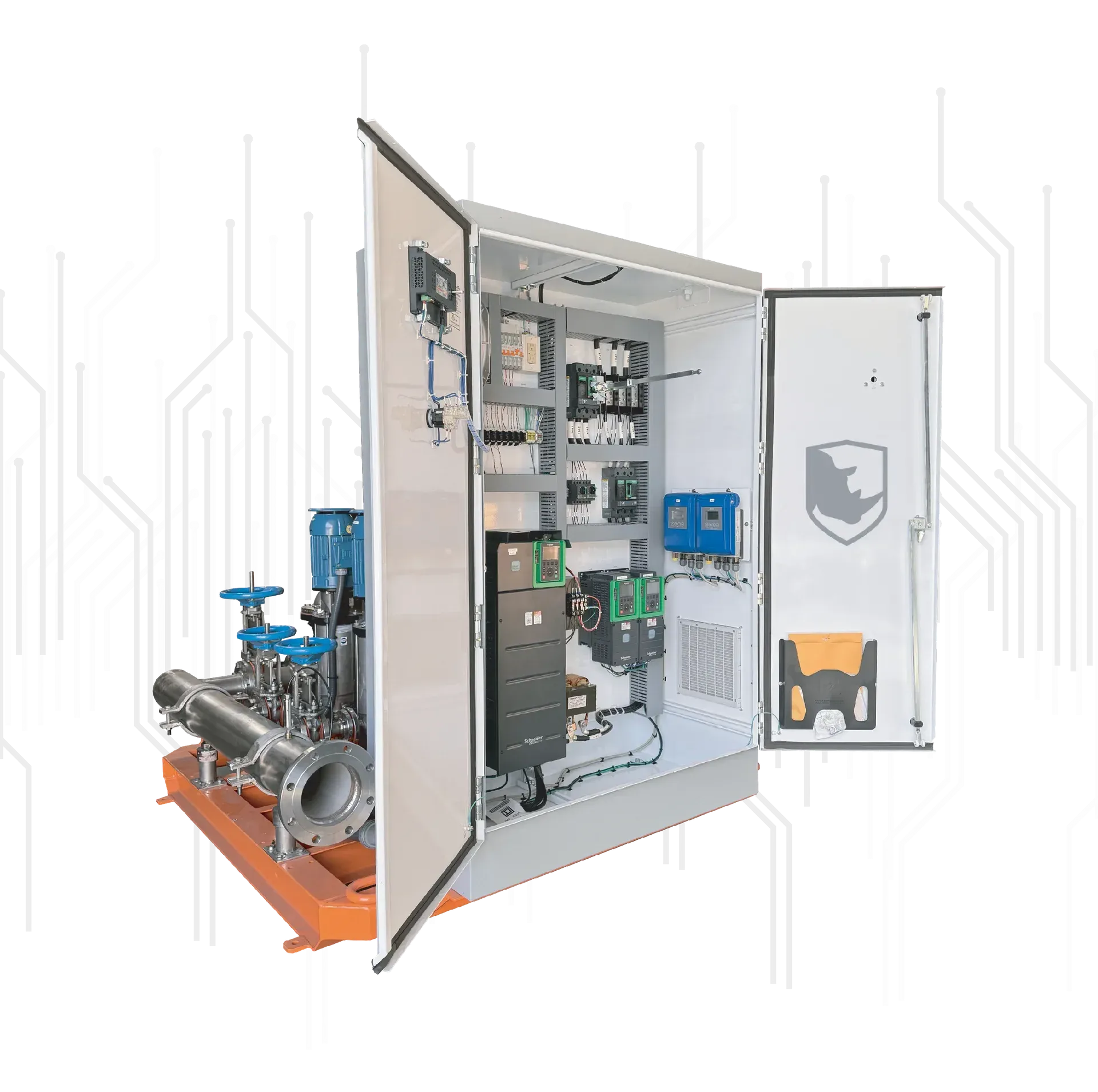 Open electrical control cabinet with pumps, wiring, and VFD inside