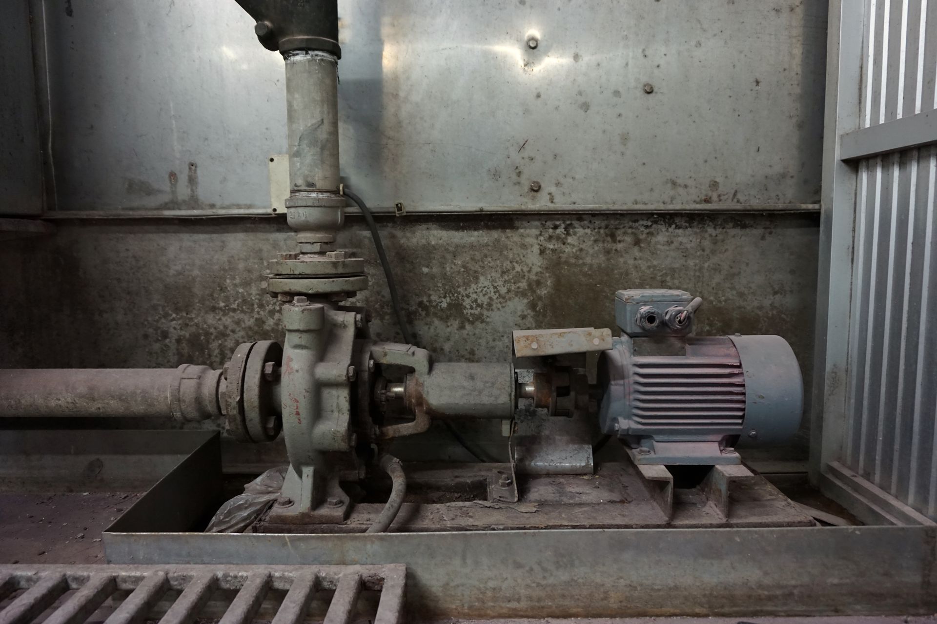 Industrial pump and motor assembly in a dusty mechanical room