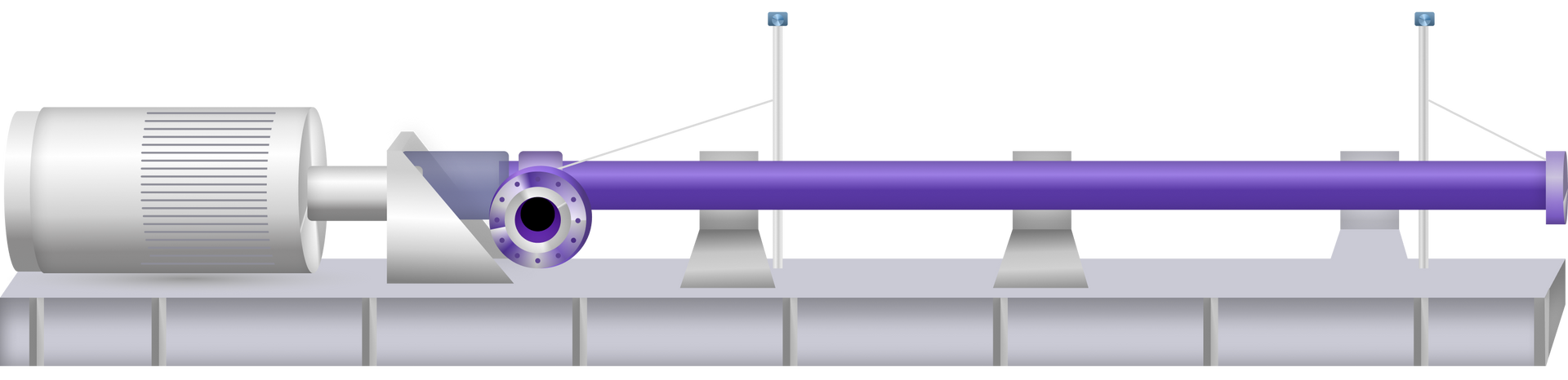 A purple pipe on supports is connected to a white motor, with hanging cables above.