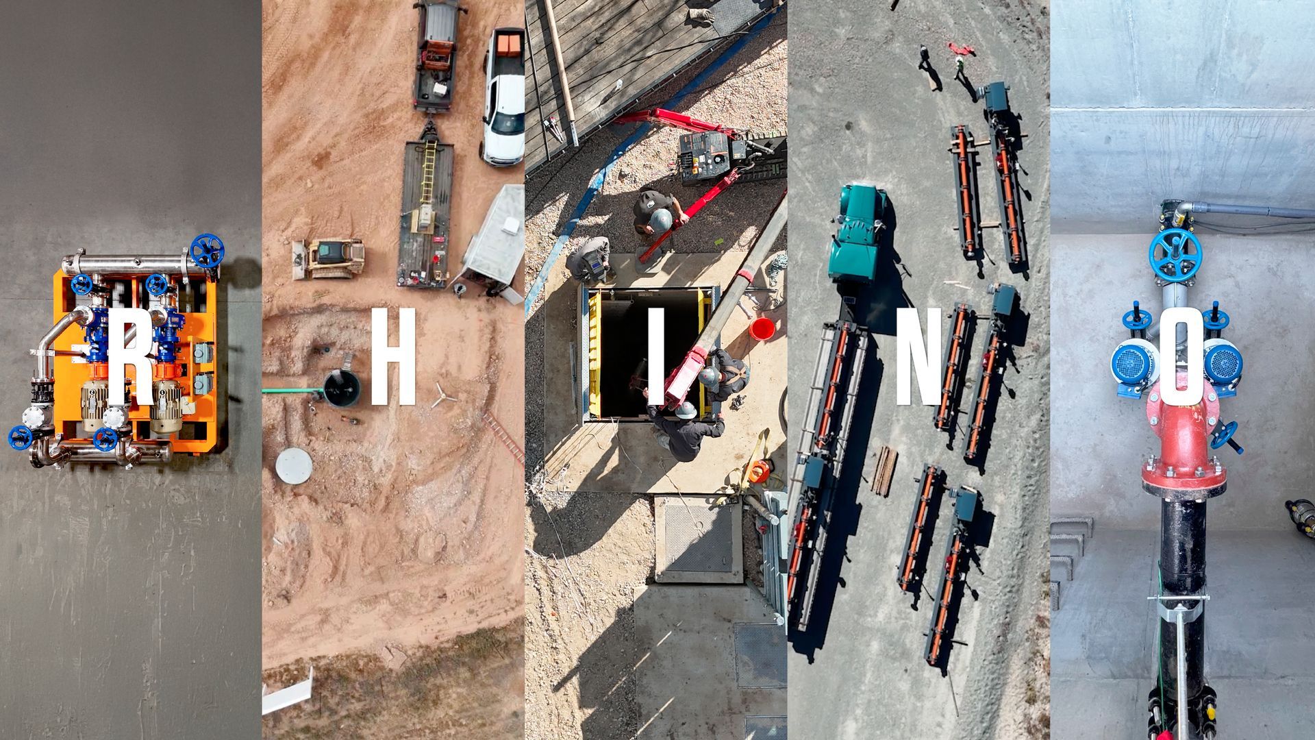 Aerial view of construction equipment arranged to spell “THANK YOU” on dirt and pavement.