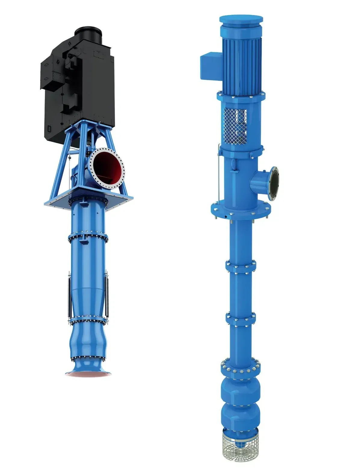 Two vertical turbine pumps, one with a right-angle gear drive and one with an electric motor