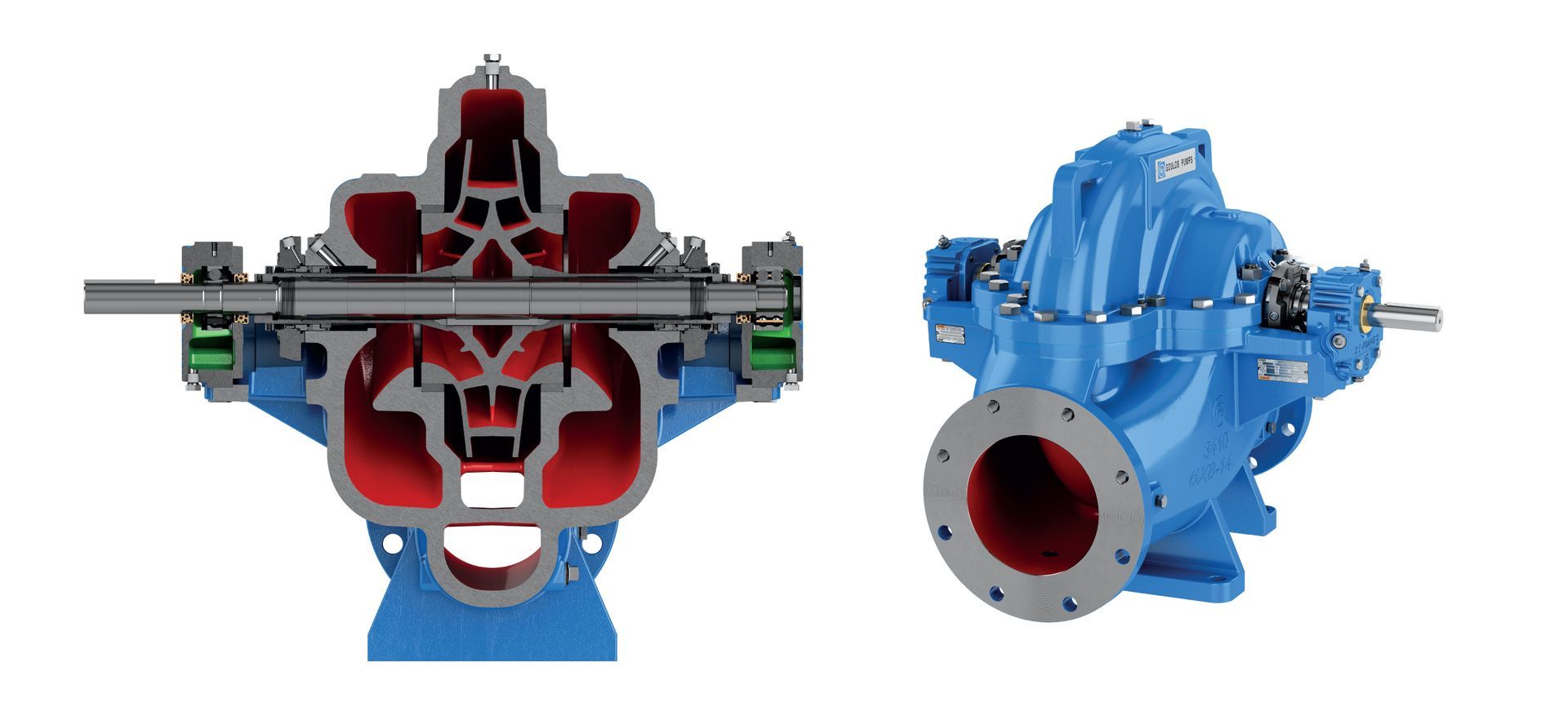 Two blue centrifugal pumps: one in cross-section, the other whole, both on a white background.