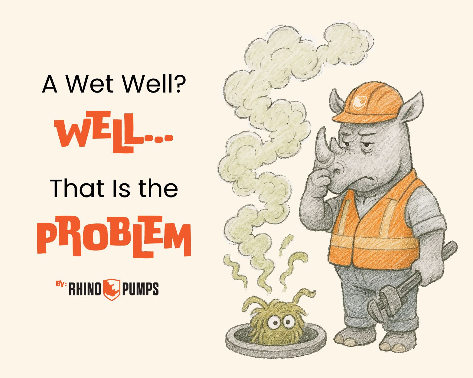 A cartoon rhino in work gear Text reads: "A Wet Well? WELL... That Is the PROBLEM."