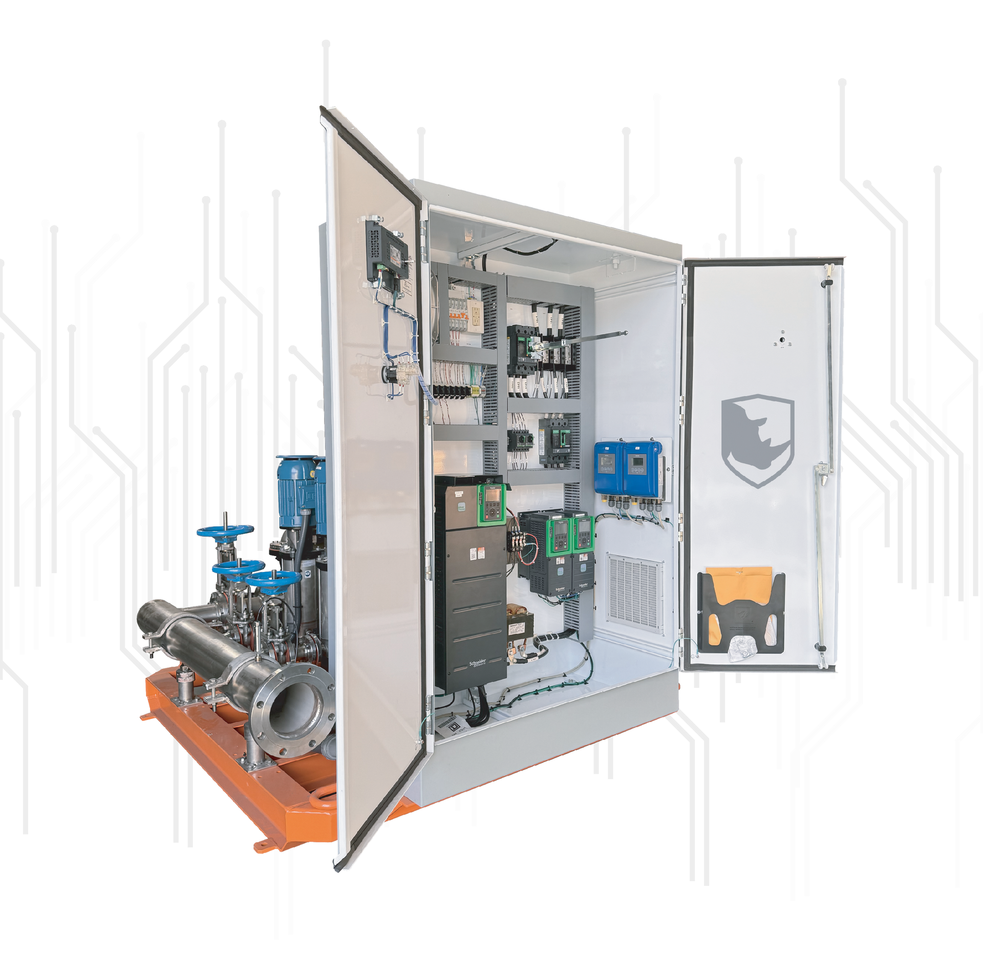 Open electrical control cabinet with pumps, wiring, and VFD inside