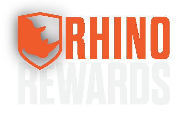 Rhino Rewards logo with orange shield icon and bold orange text on a light background