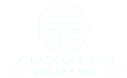 White logo with a column design; "JONATHAN STONE" and credentials beneath.