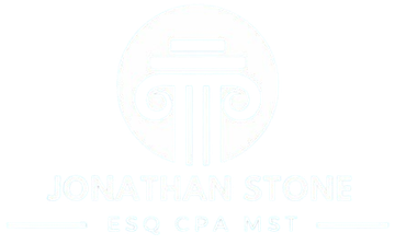 White logo with a column design; "JONATHAN STONE" and credentials beneath.