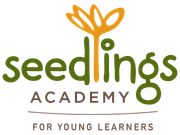 Seedlings Academy logo with green and orange plant icon and the words “For Young Learners”