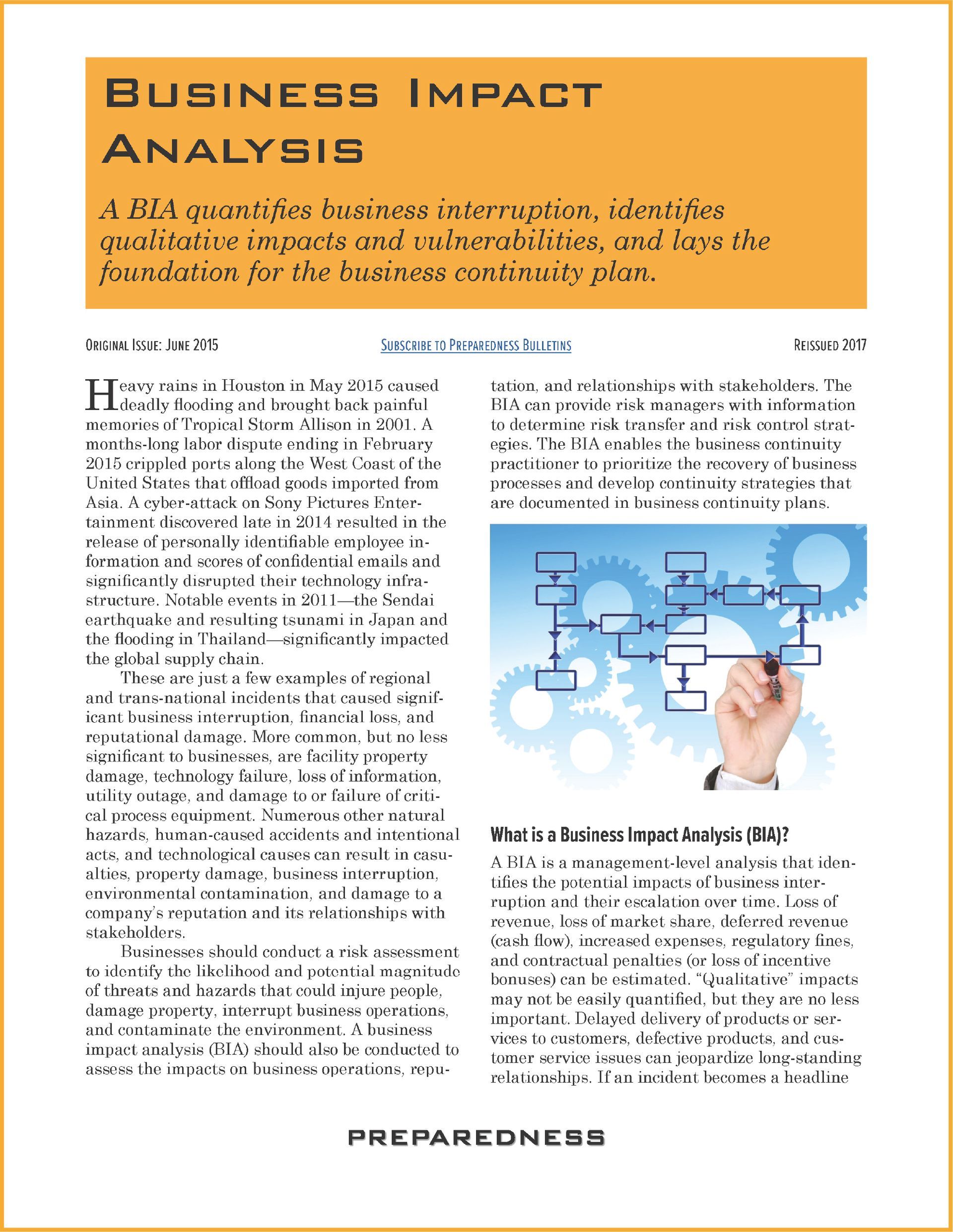 Cover page of Preparedness, LLC's Preparedness Bulletin on Business Impact Analysis