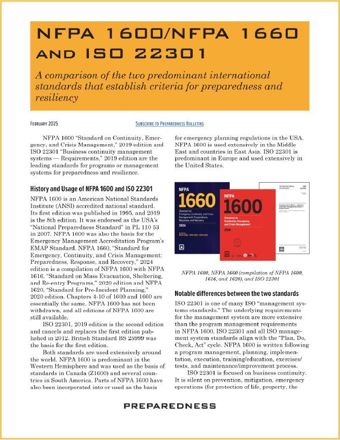Preparedness Bulletin Comparing NFPA 1600/NFPA 1660 and ISO 22301
