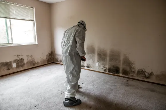 A man in a protective suit is standing in a room with mold on the walls.