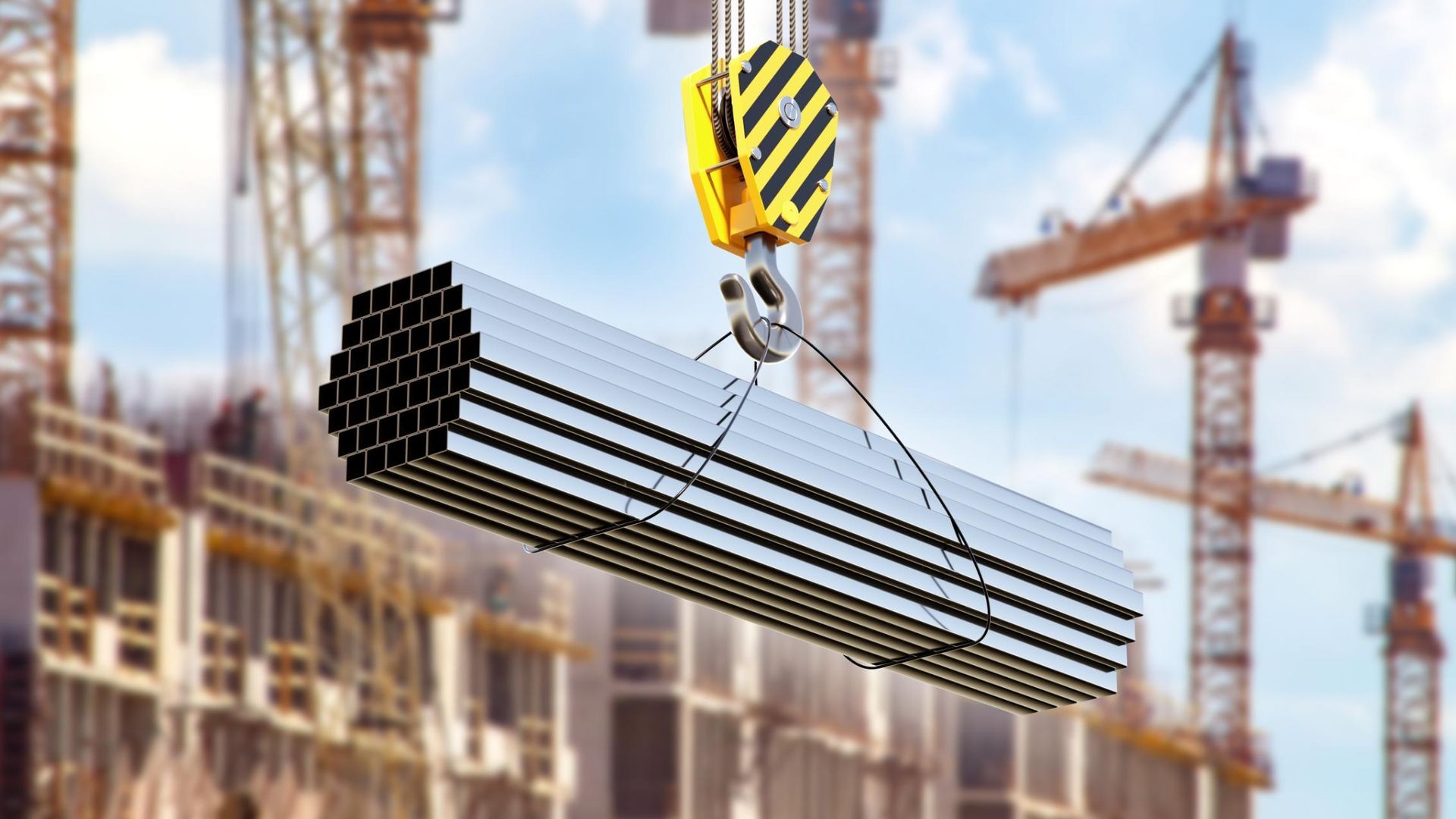A crane is lifting a stack of metal pipes at a construction site.