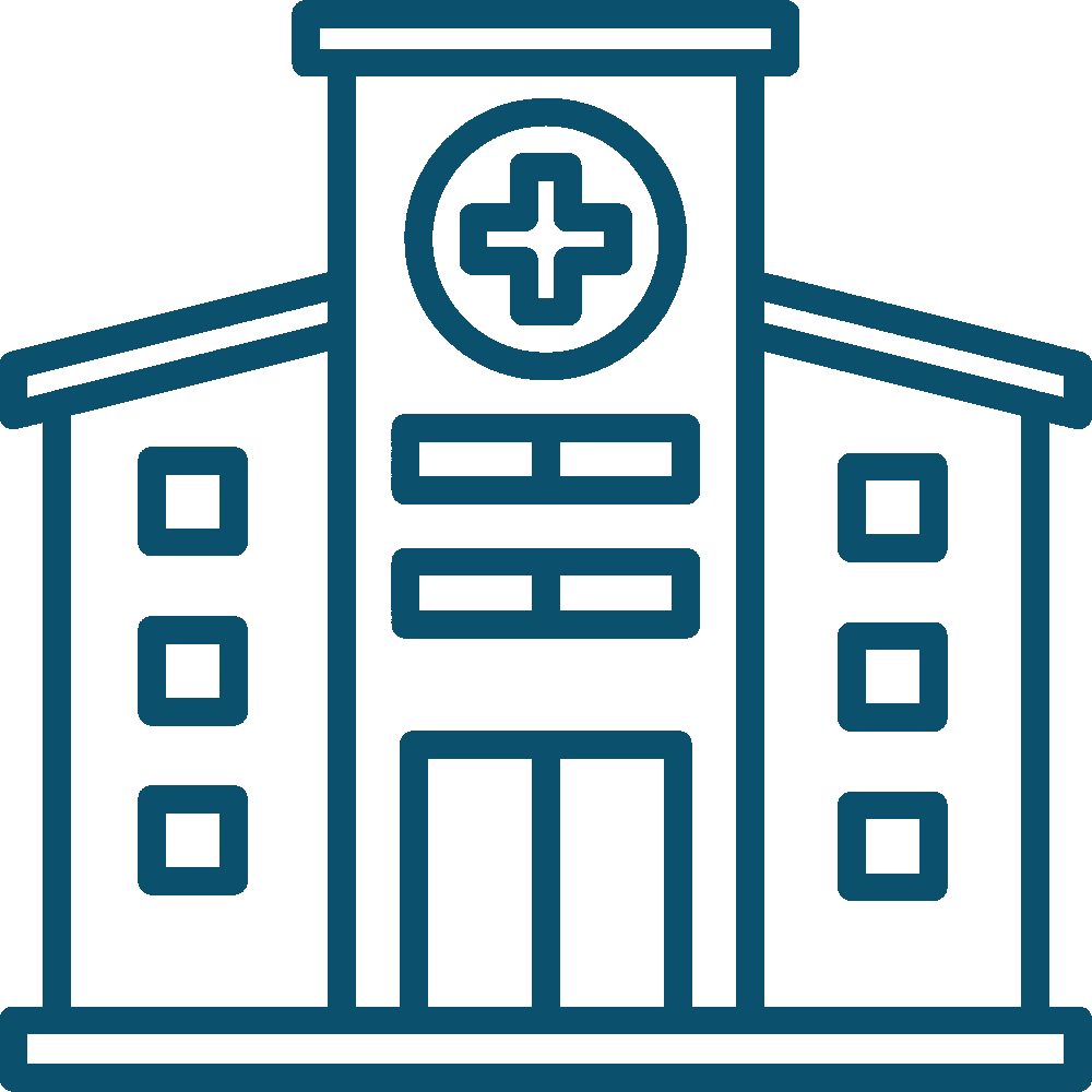 Blue outline of a hospital building with a medical cross symbol on the front