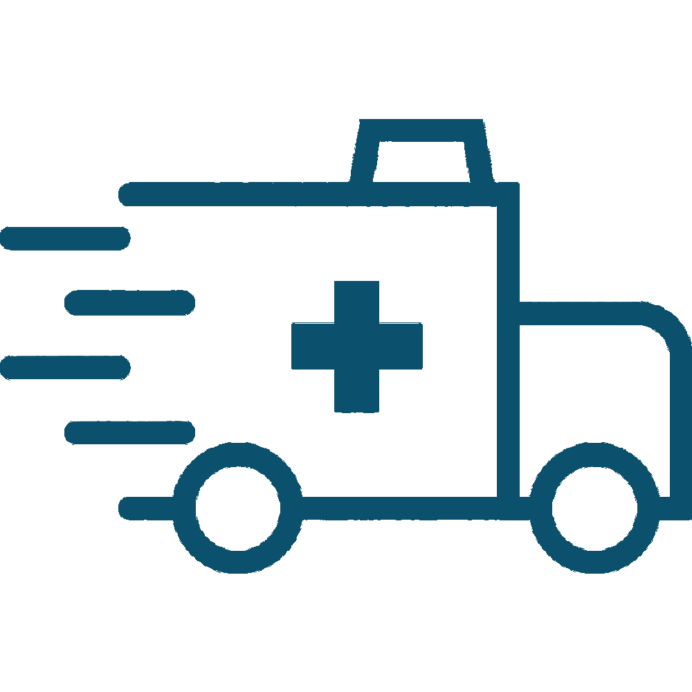 Blue ambulance icon with a medical cross and motion lines, side view