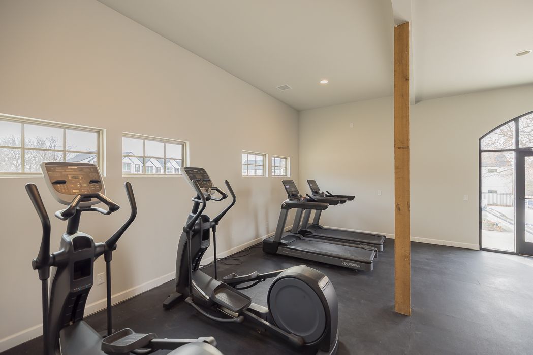 Gym interior with exercise equipment: ellipticals, treadmills, and windows on a black floor.