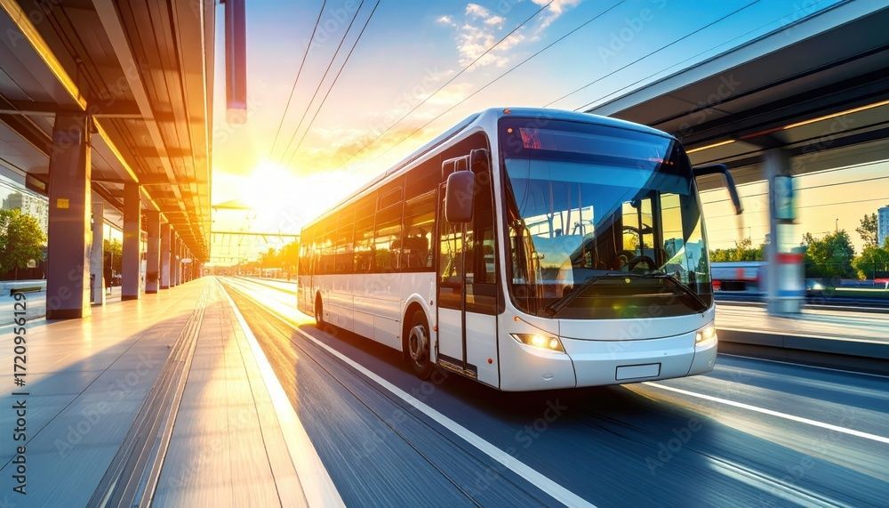 Un autobús urbano blanco circula por una carretera bajo un paso elevado al amanecer, con luz solar brillante y efecto de desenfoque por movimiento.