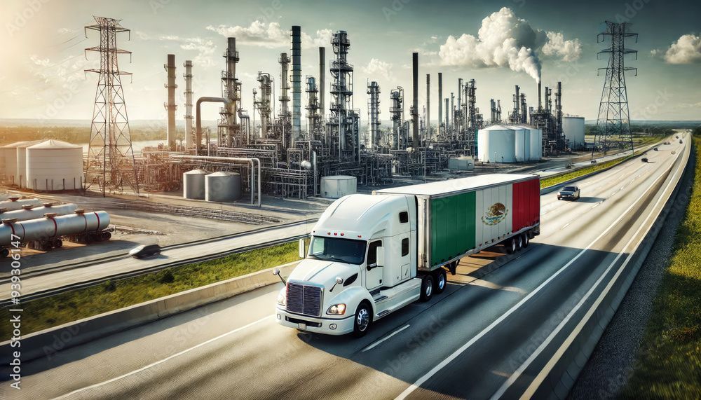 Un camión semirremolque blanco con un remolque verde y rojo circula por una autopista junto a una refinería industrial.