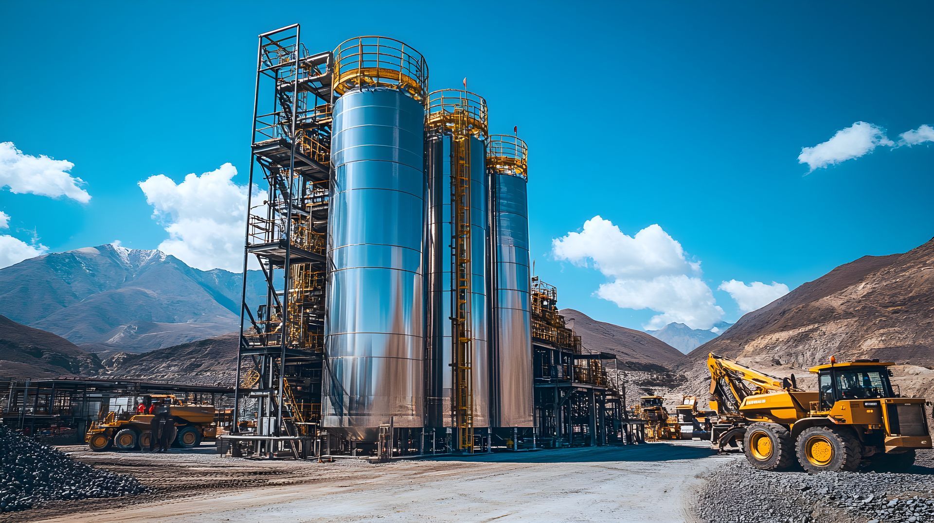 Instalación industrial con altos silos plateados y una cargadora amarilla bajo un cielo azul brillante, con montañas al fondo.