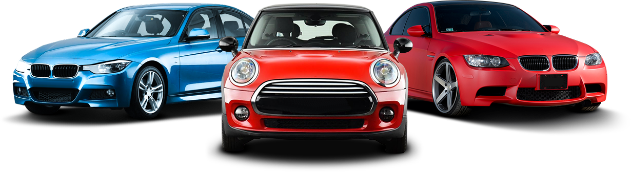Three cars: blue sedan, red Mini Cooper, and red sedan, side-by-side against a white background. | Integrity Auto Repair