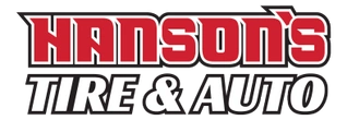A red and white logo for hanson's tire and auto