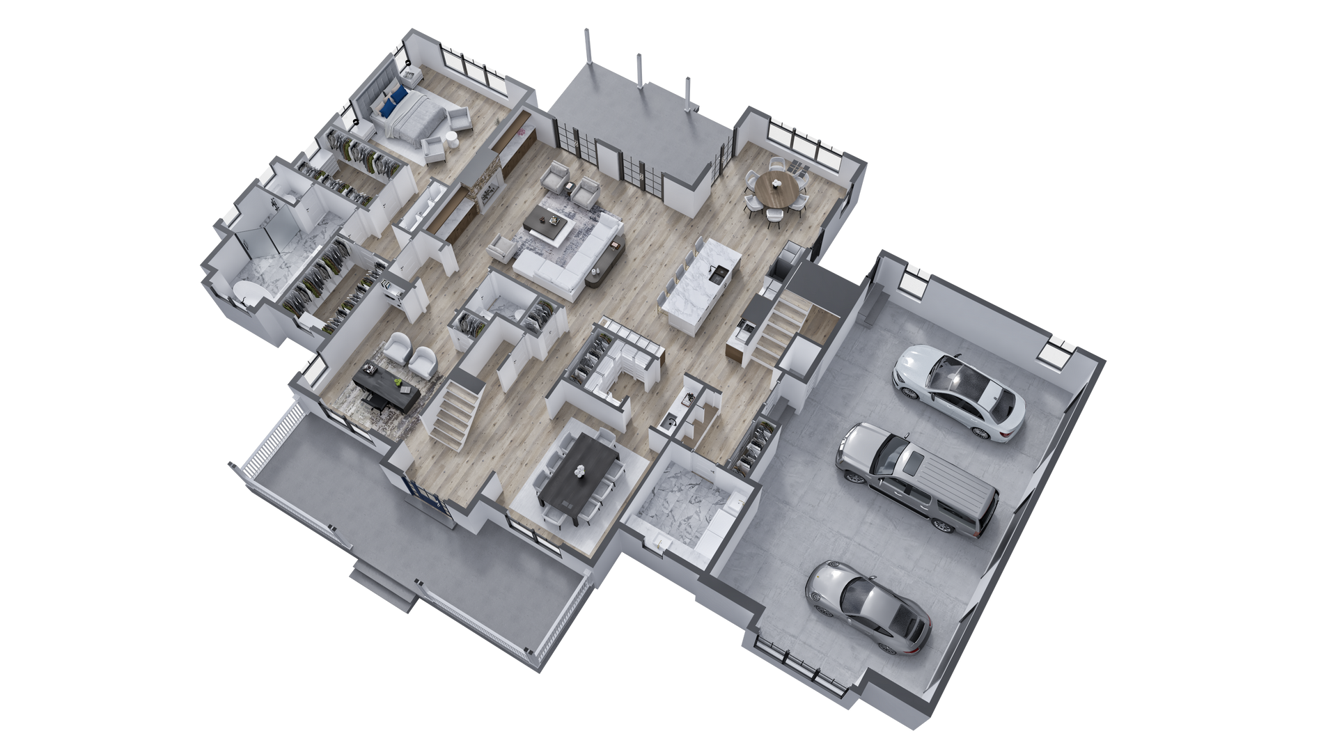 A 3d floor plan of a house with cars parked in the garage.