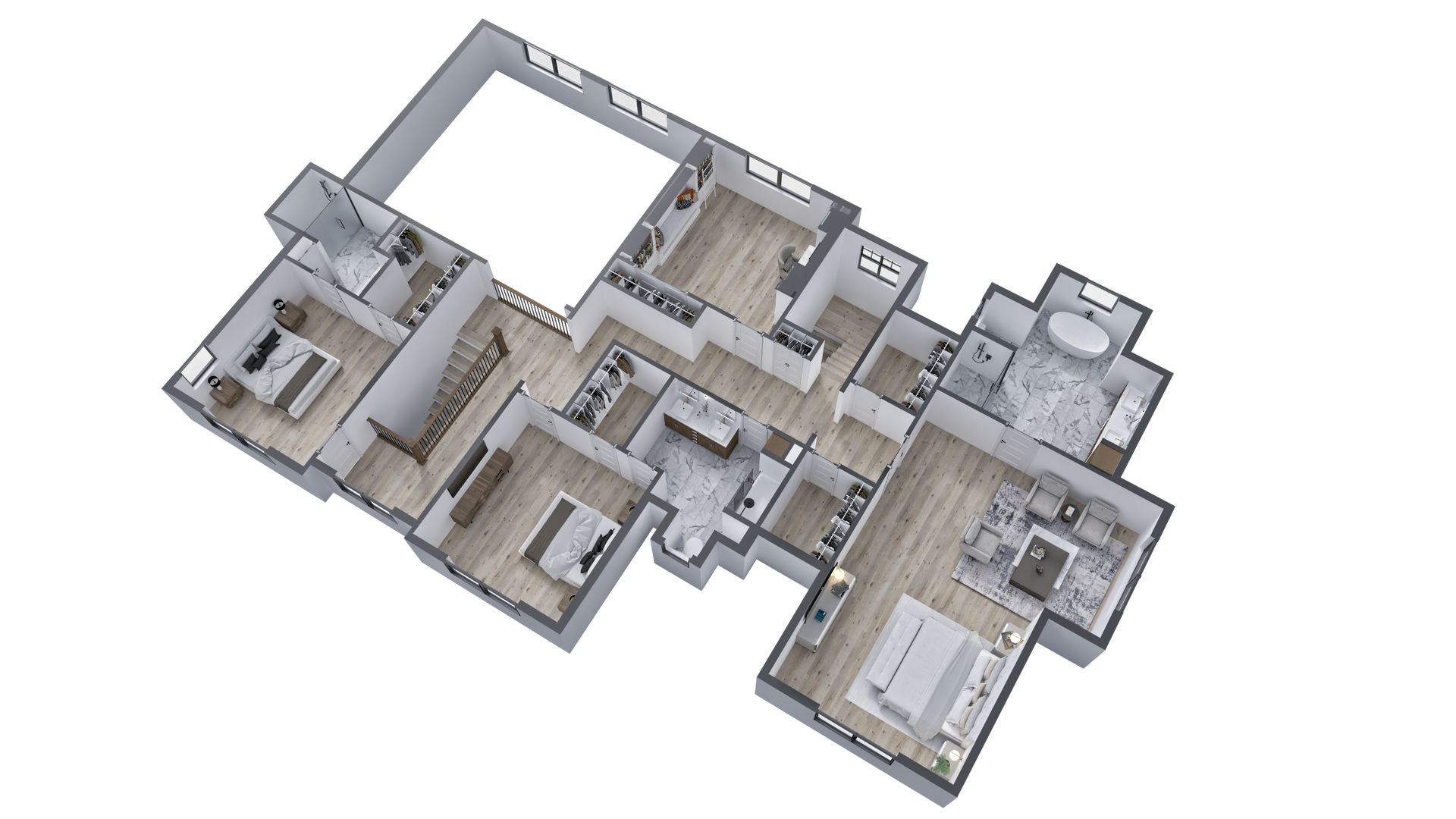 An aerial view of a floor plan of a house.