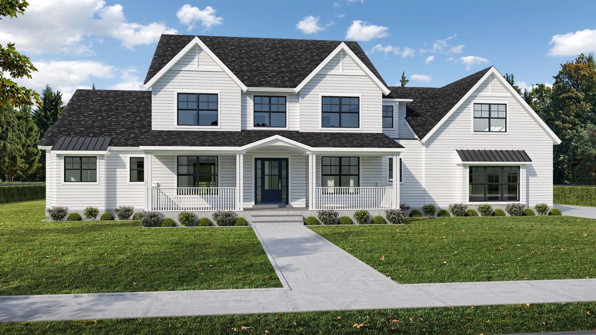 An artist 's impression of a large white house with a black roof.
