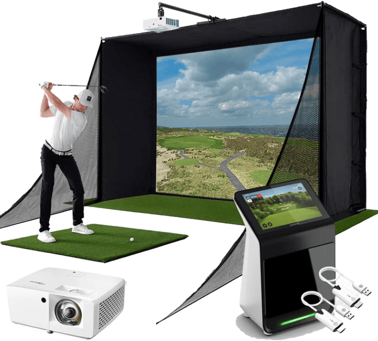 Golfer using an indoor golf simulator with screen, projector, and touchscreen monitor