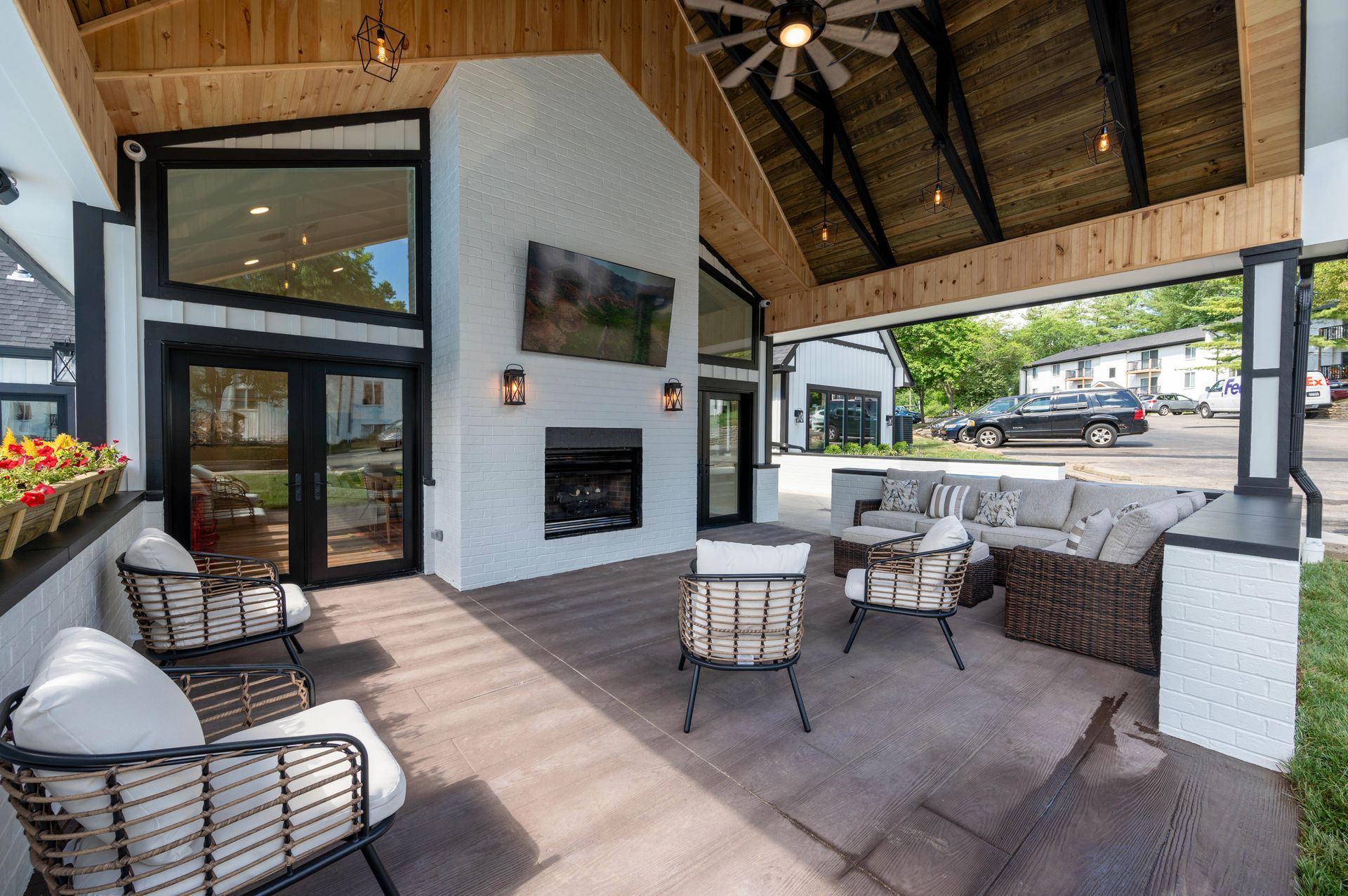 outdoor seating with fireplace