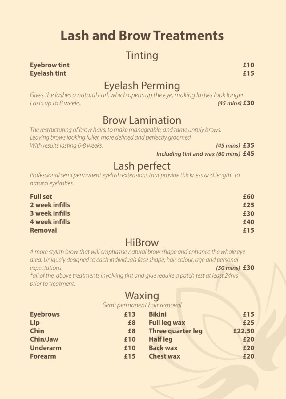 lash and brow treatment price list