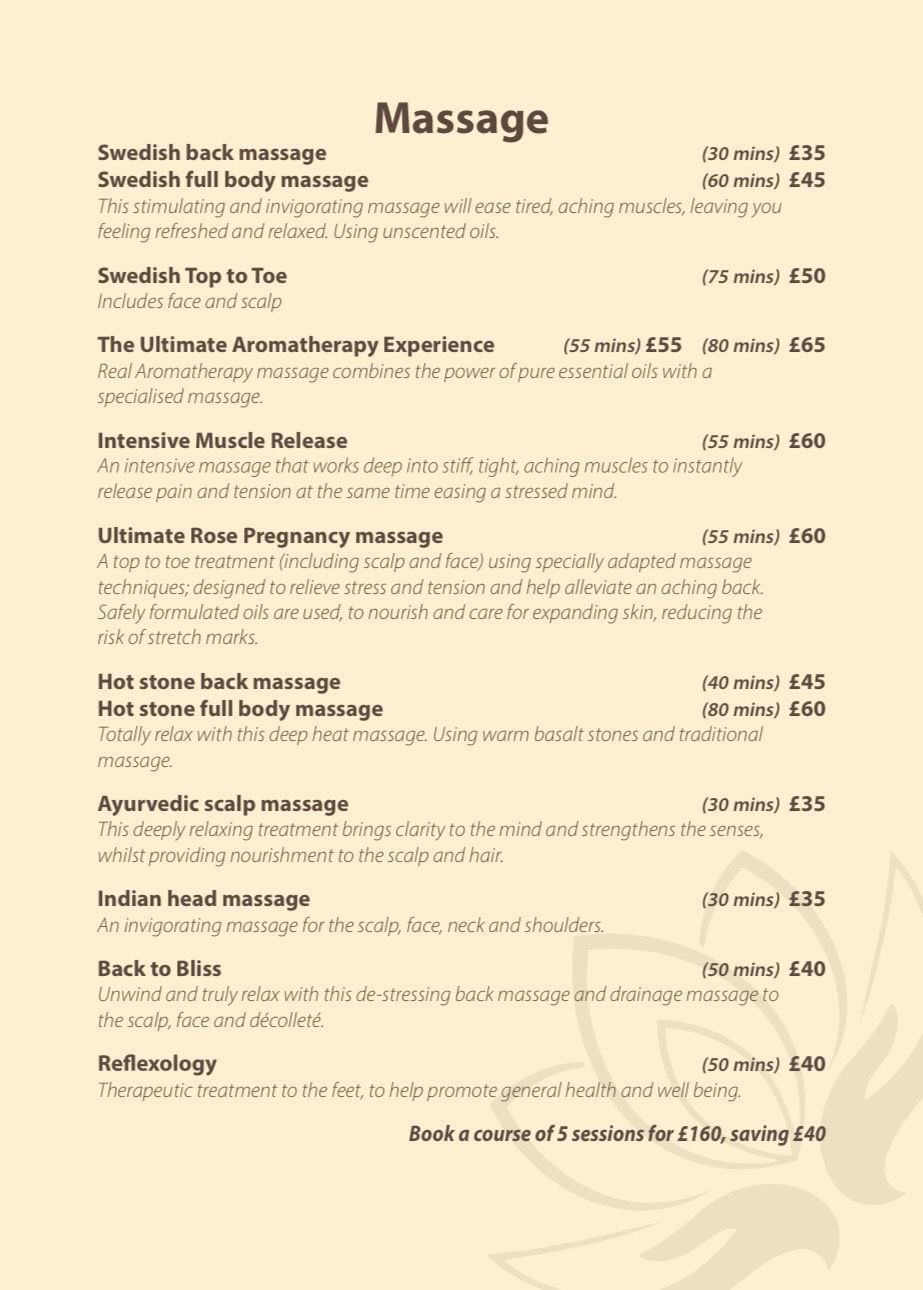 Massage treatments price list