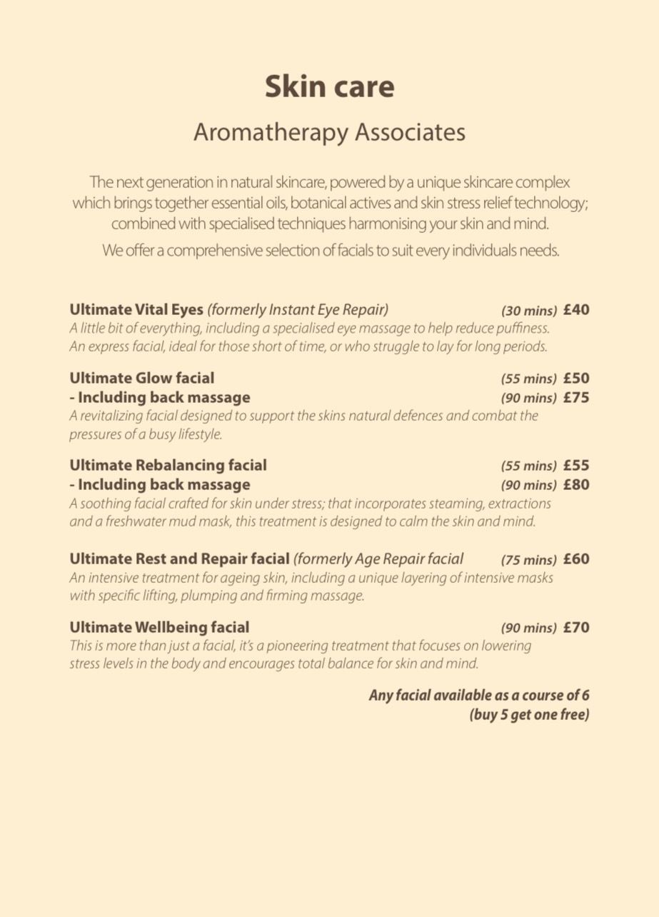 Skin care price list