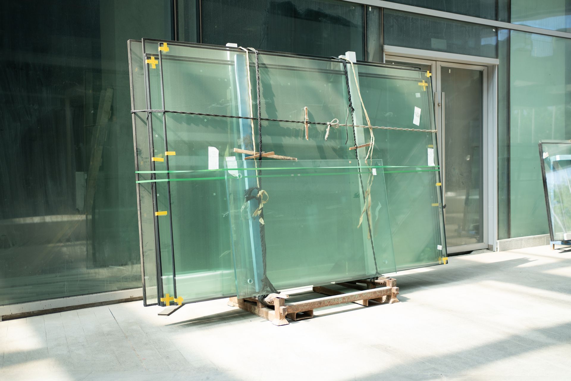 A pallet of glass is sitting on the ground in front of a building.