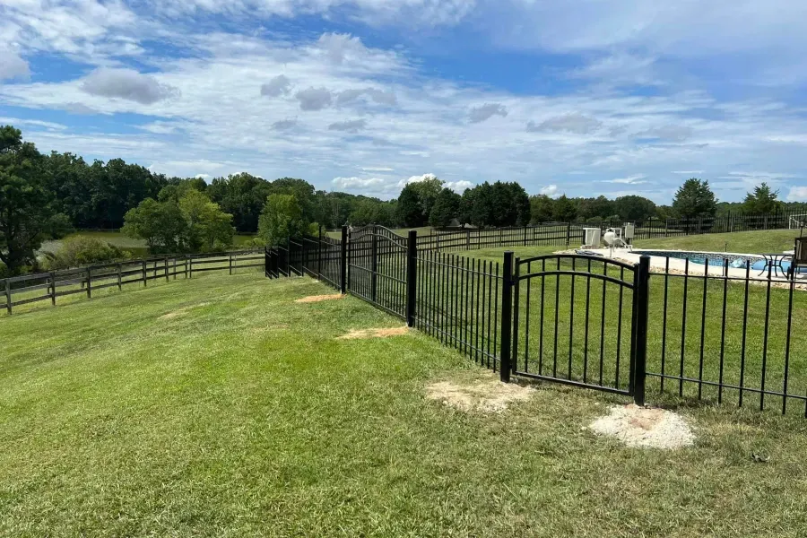 Lush green field with black metal fence and gate, a swimming pool, and trees under a blue sky.