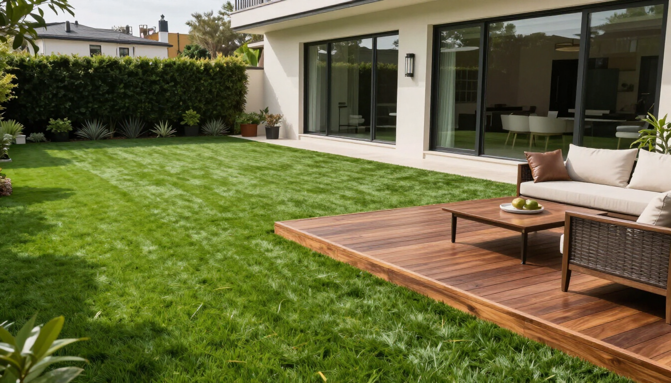 Modern backyard featuring Artificial Grass in Kent, WA with a patio and lush low-maintenance lawn installation.