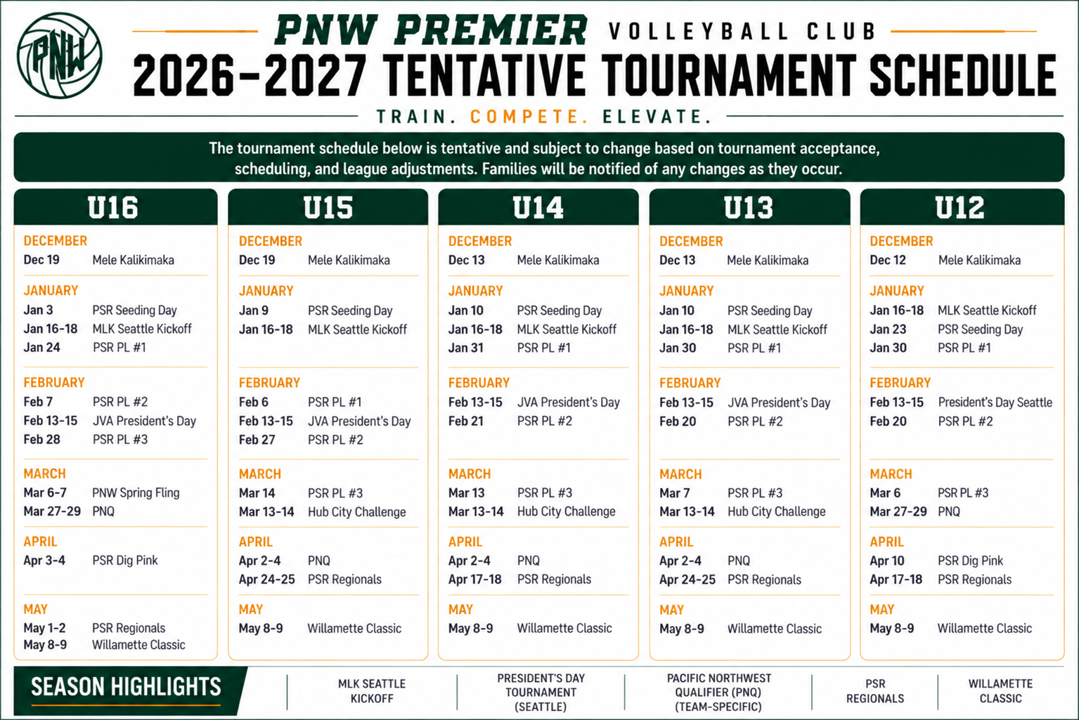 PNW Premier Baseball Club 2026-2027 tentative tournament schedule poster with team age divisions and dates