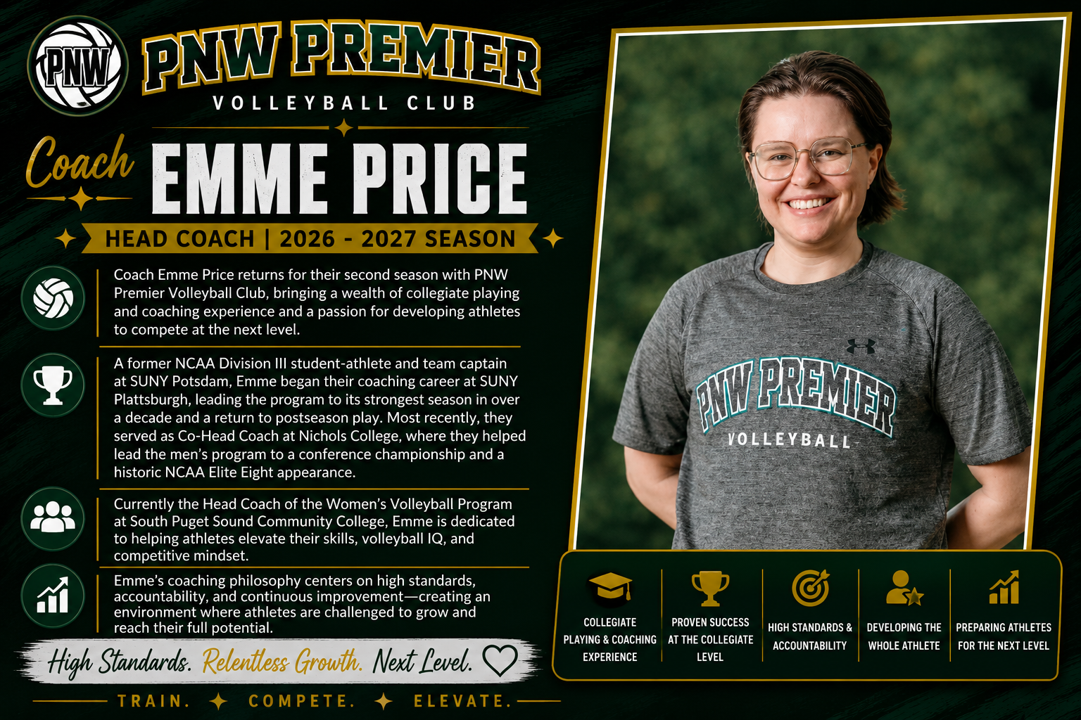 PNW Premier Volleyball coach Emme Price promo graphic with bio text and portrait on dark green background