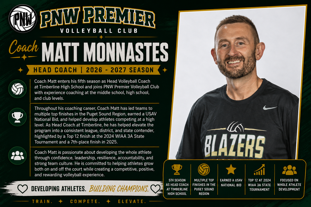 PNW Premier basketball coach Matt Monnastes poster with portrait, black-and-gold design, and coaching stats
