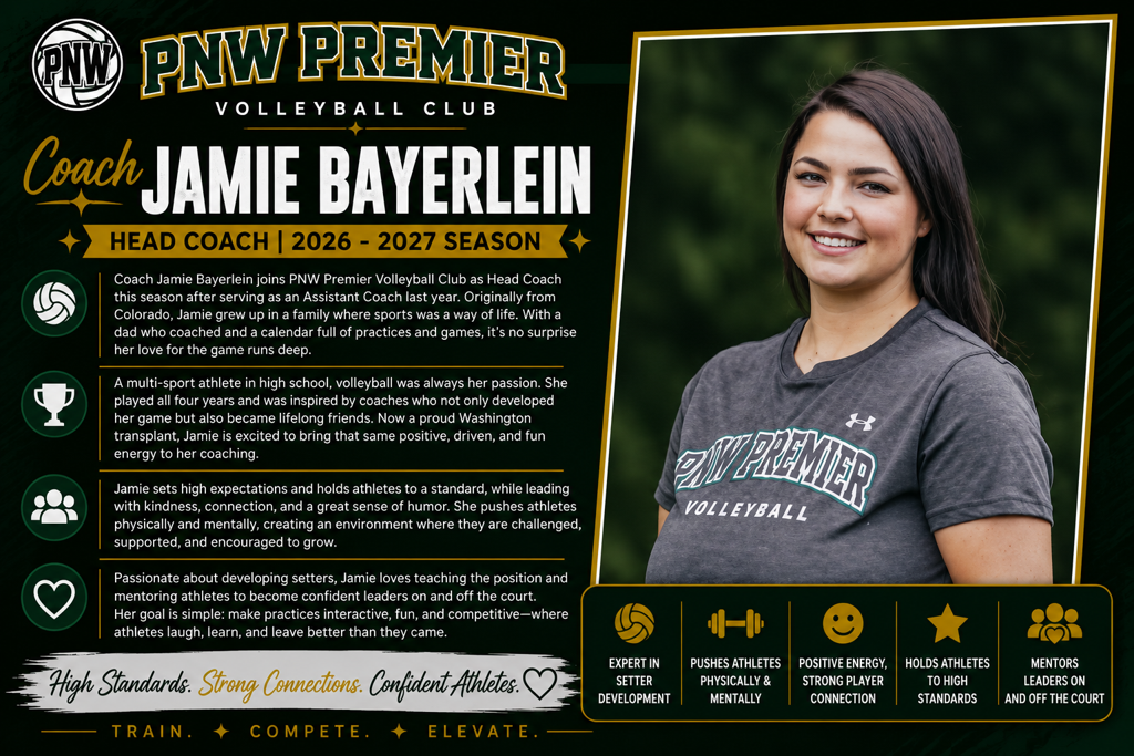 PNW Premier volleyball coach Jamie Bayerlein profile poster on dark green and gold background