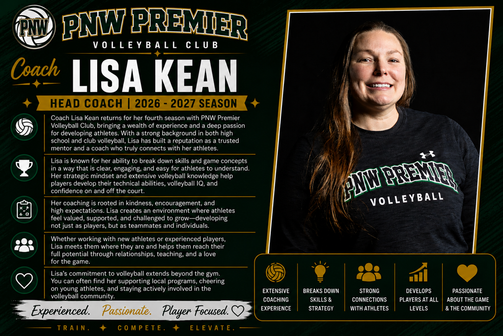 PNW Premier Volleyball coach Lisa Kean profile with portrait, black-and-gold layout, and text details