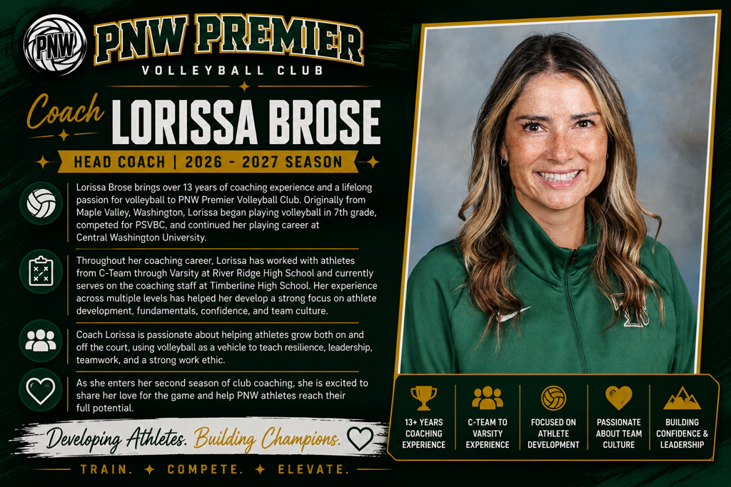PNW Premier coaching staff promo for Lorissa Brose, with portrait and season highlights on dark green background