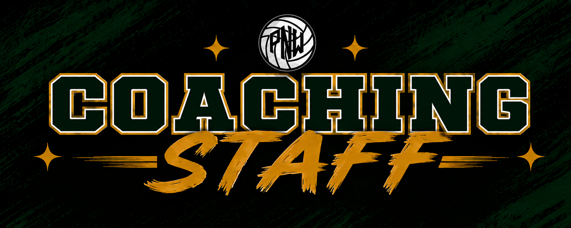 Gold “COACHING STAFF” text on a black background with a small white logo and orange accents