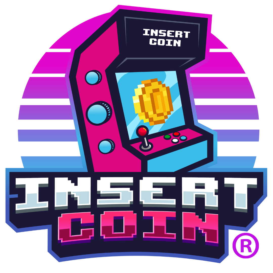 Retro arcade logo with a coin-op machine, coin icon, and bold “INSERT COIN” text in purple, pink, and blue.