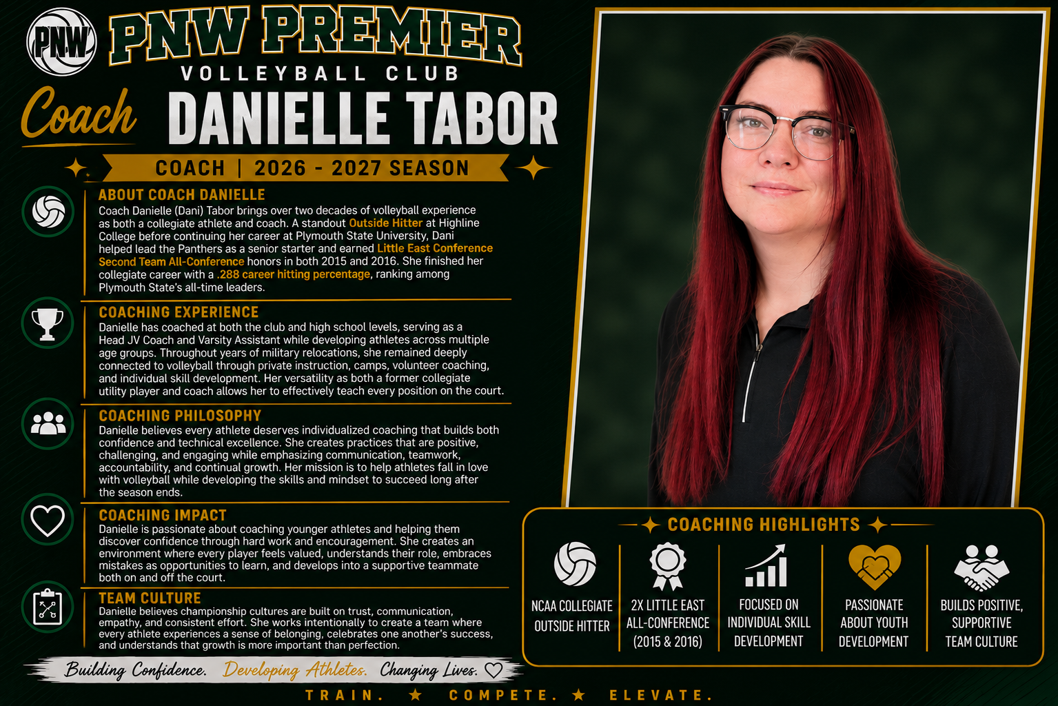 PNW Premier Volleyball Club coach Danielle Tabor profile poster with bio text and a portrait on a dark green background